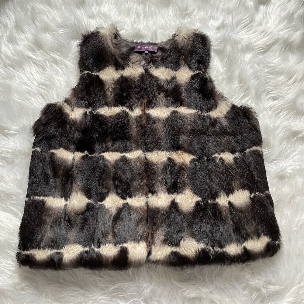 GLAMOURPUSS NYC Rabbit Fur Vest LARGE Brown Beige Full Zip with Pockets Lined